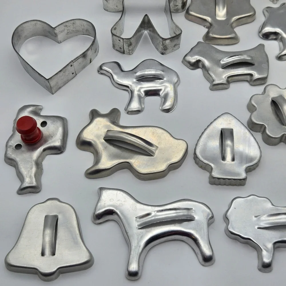 Vintage Aluminum Cookie Cutter Set 20pc Animals Holiday Shapes Silver Metal